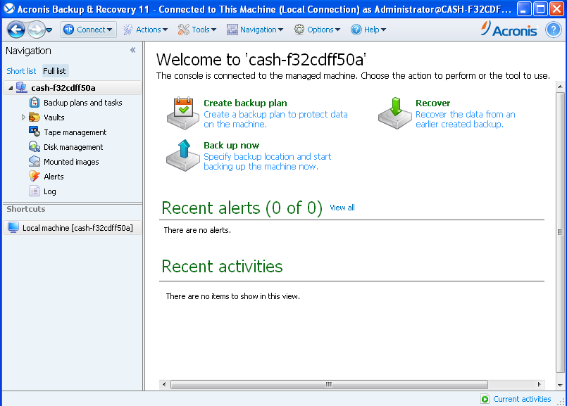Acronis Backup and Recovery 11 Advanced Server Virtual Edition GUI