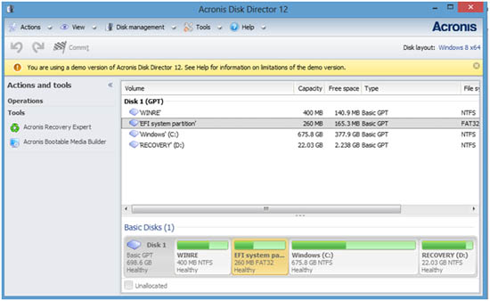 Acronis Disk Director 12 main menu