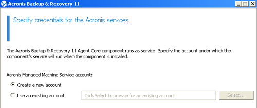 specify credentials for acronis account