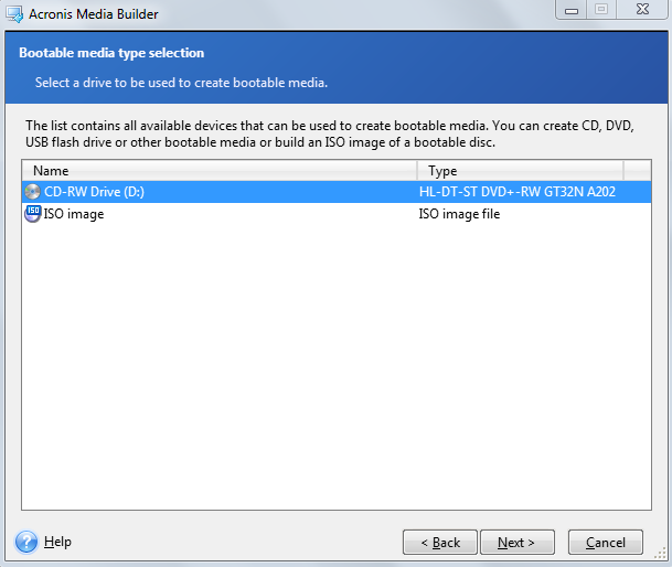 Acronis bootable media type selection window