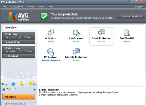 AVG Antivirus 2012 main screen