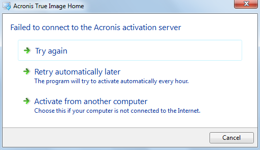 failed to connect to acronis activation server