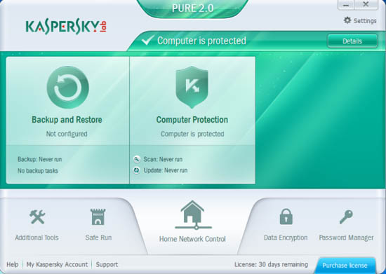Kaspersky Pure 2.0 interface