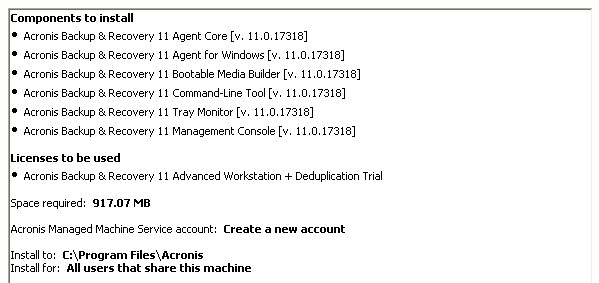 acronis components for management console and agent