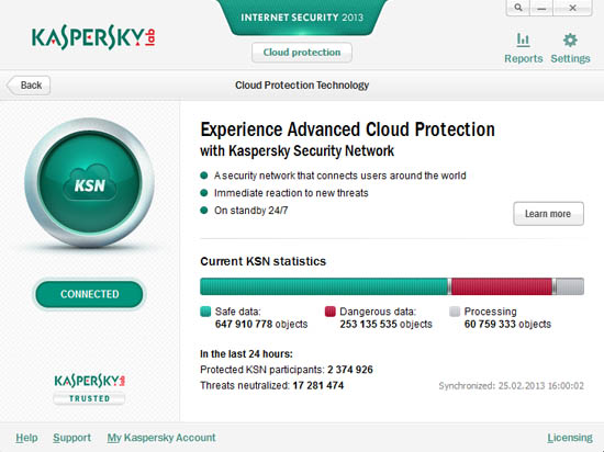 Kaspersky Internet Security 2013 cloud protection