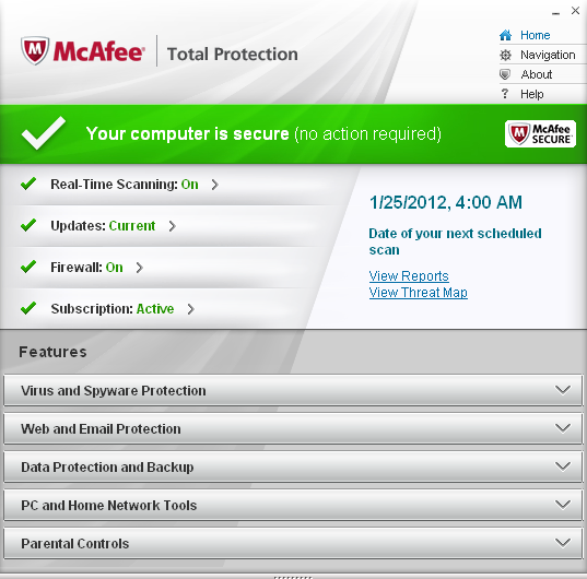 McAfee Total Protection 2012 user interface